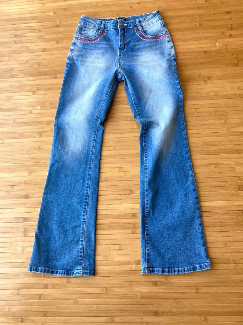 Flamingals Embroidery Pocket Bootcut Jeans High Waist Womens Medium M Blue